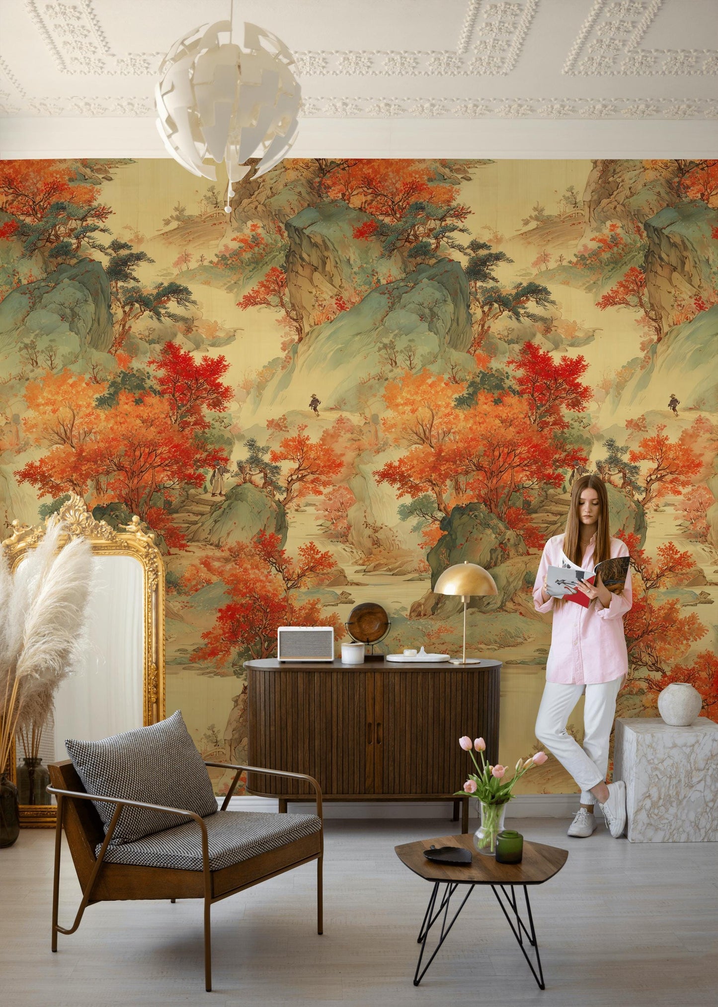 Oriental Landscape Wallpaper | Asian Mountain Wall Mural | Traditional Chinese Art Peel and Stick Decor