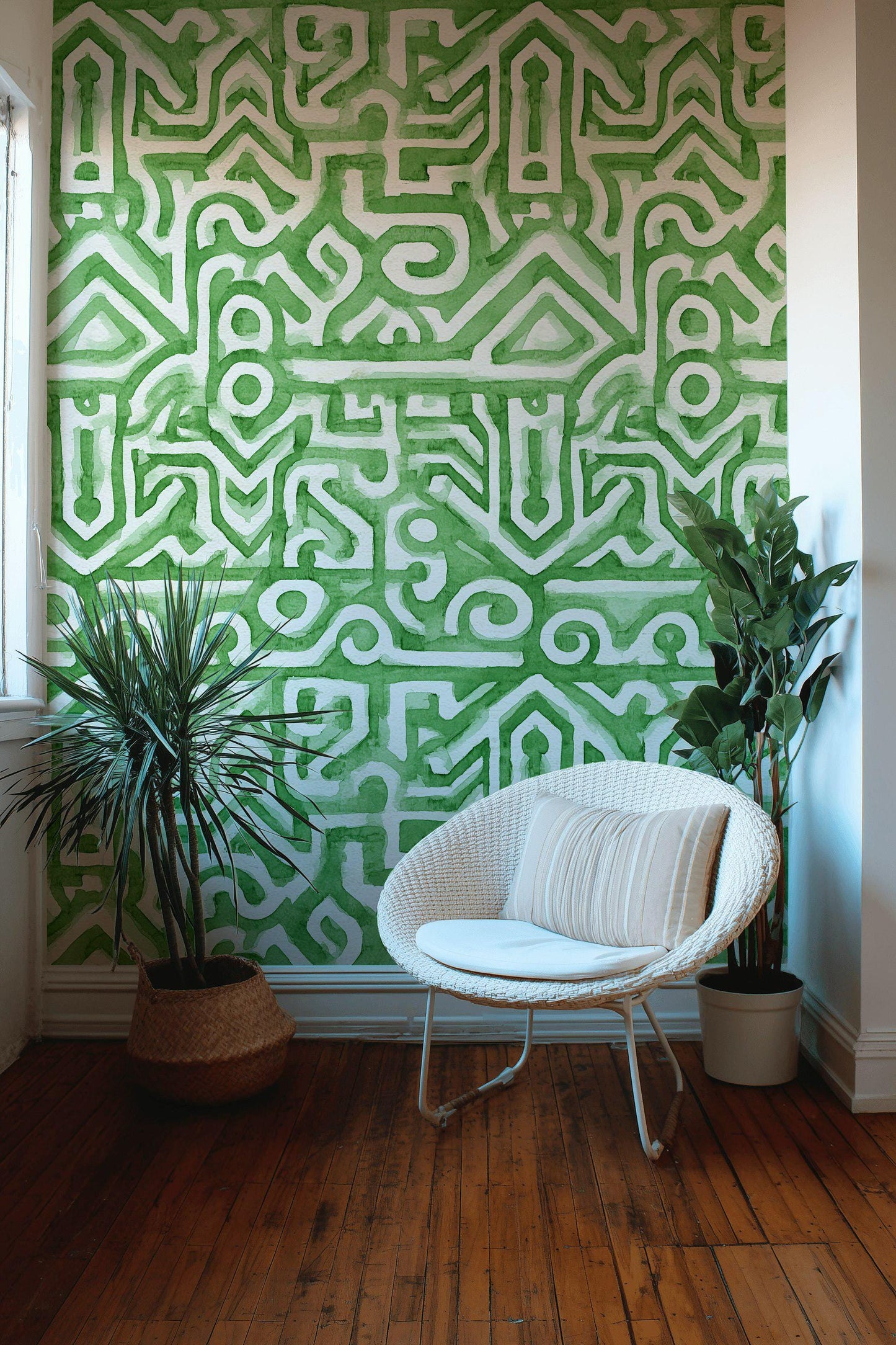 Watercolor Abstract Wallpaper, Green Labyrinth Geometric Wall Mural, Modern Peel and Stick Wall Decor