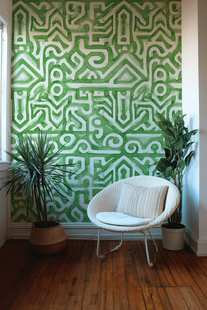 Watercolor Abstract Wallpaper, Green Labyrinth Geometric Wall Mural, Modern Peel and Stick Wall Decor