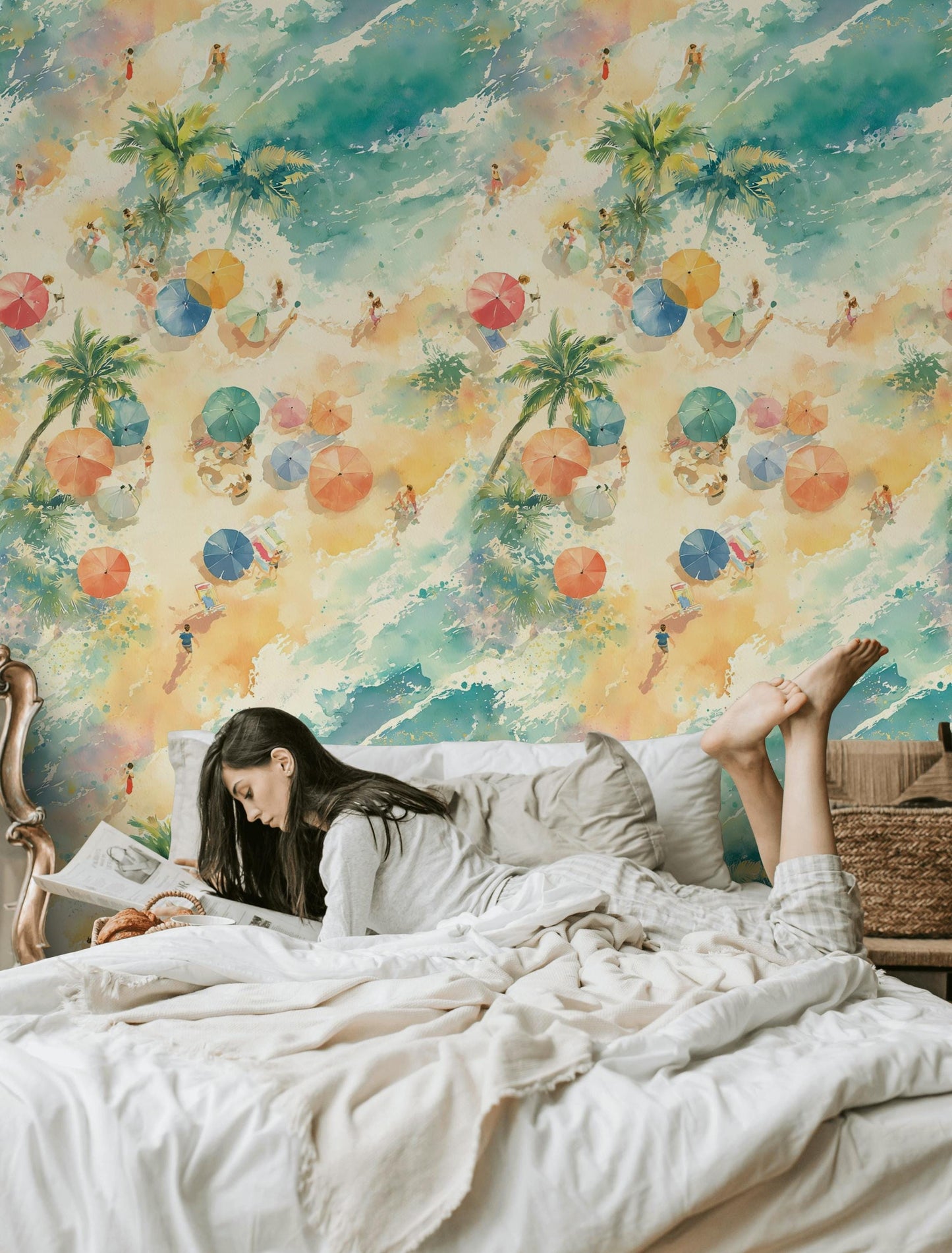 Aerial Beach Scene Wallpaper | Watercolor Coastal Wall Mural | Summer Peel and Stick Decor