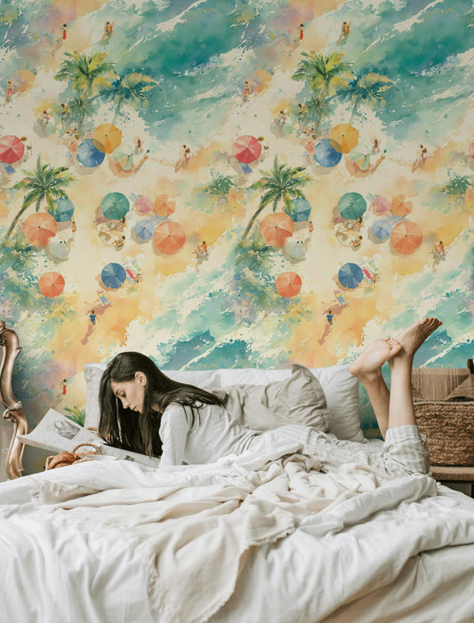 Aerial Beach Scene Wallpaper | Watercolor Coastal Wall Mural | Summer Peel and Stick Decor