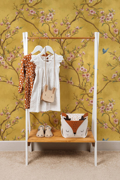 Chinoiserie Blossom Tree Wallpaper: Gold Butterfly Wall Mural, Peel & Stick