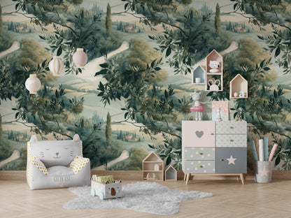 Tuscan Landscape Wallpaper | Olive Tree Wall Mural | Italian Countryside Peel and Stick Decor