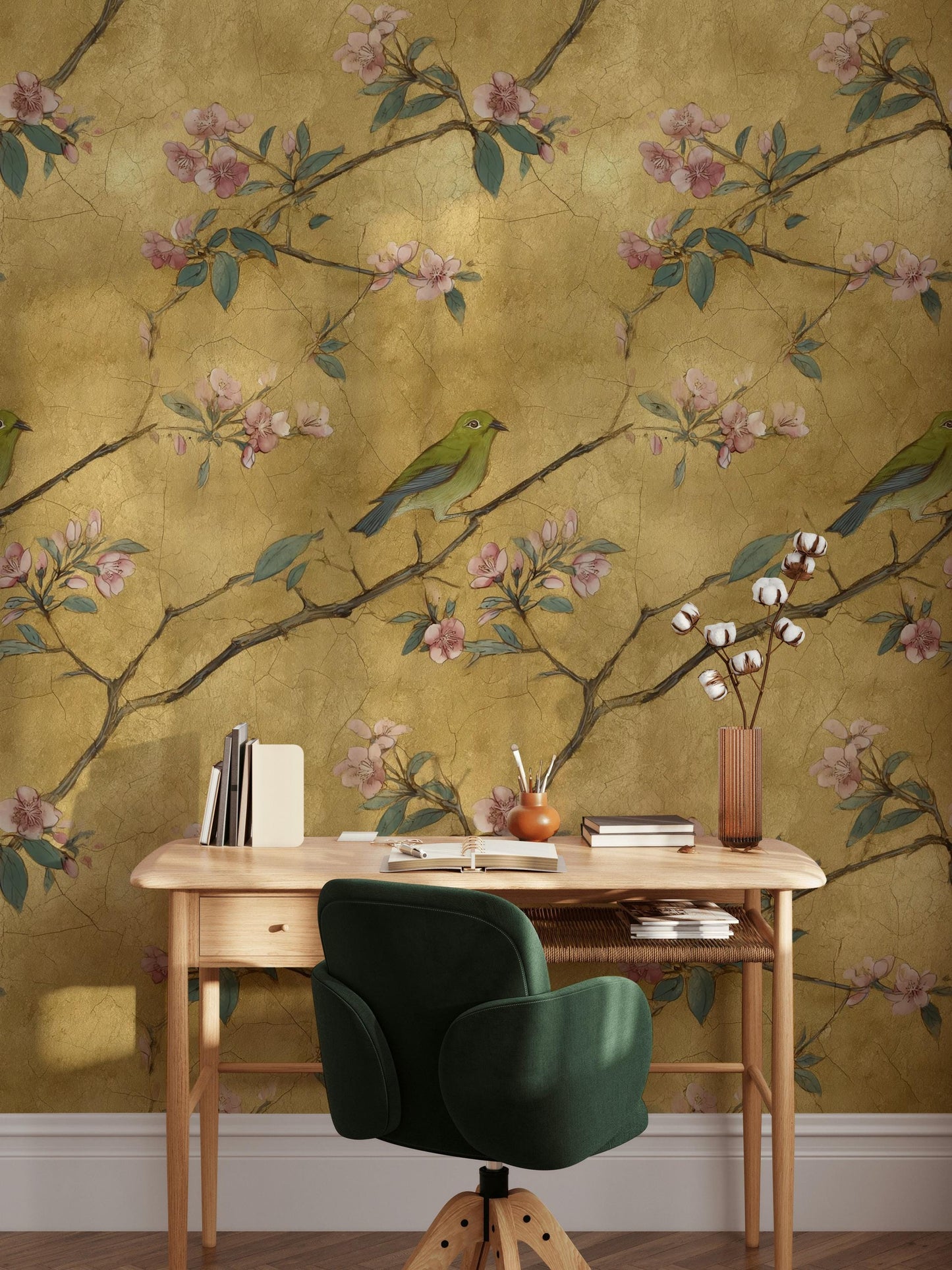 Chinoiserie Gold Leaf Wallpaper: Bird & Cherry Blossom Peel and Stick Mural