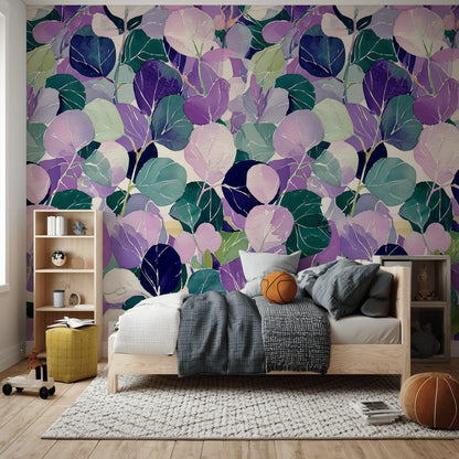 Watercolor Leaf Peel and Stick Wallpaper: Purple Green Botanical Wall Mural