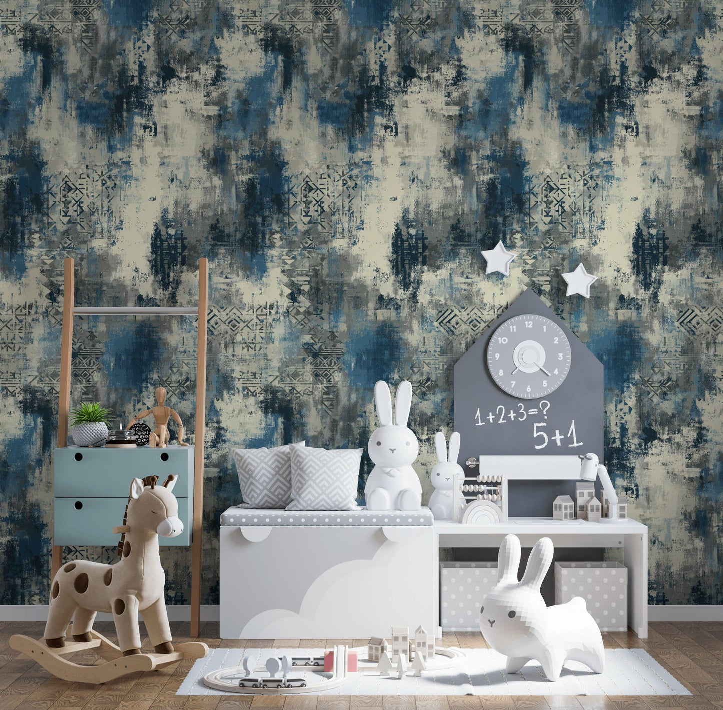 Abstract Blue Grey Wallpaper | Distressed Industrial Wall Mural | Modern Urban Peel and Stick Decor