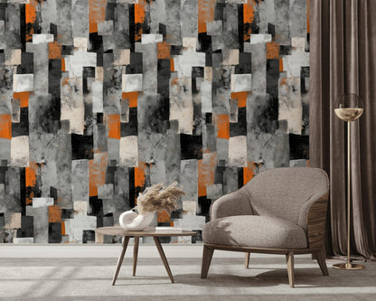 Geometric Block Wallpaper Mural: Orange, Grey, Black Peel and Stick Art