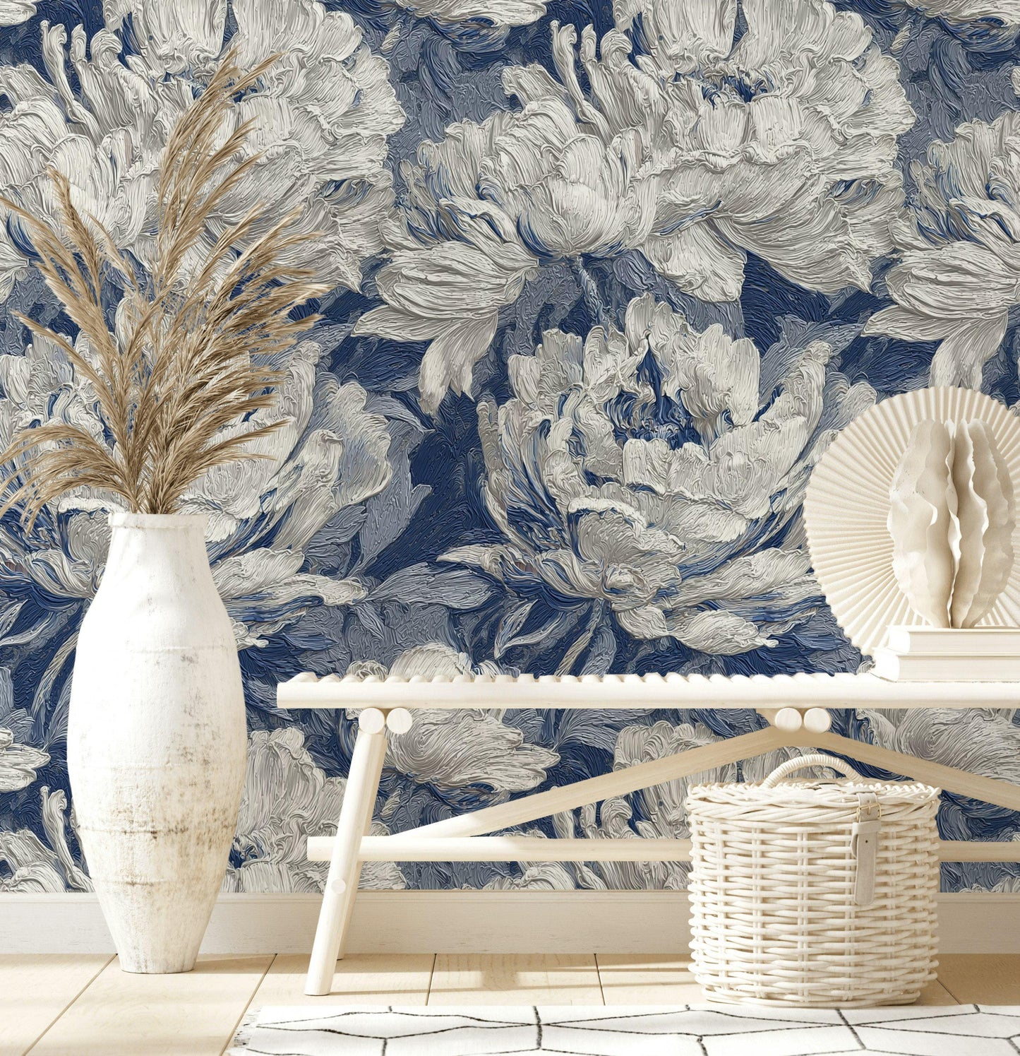 Textured Blue Floral Wallpaper: Modern Impasto Peel and Stick Wall Mural