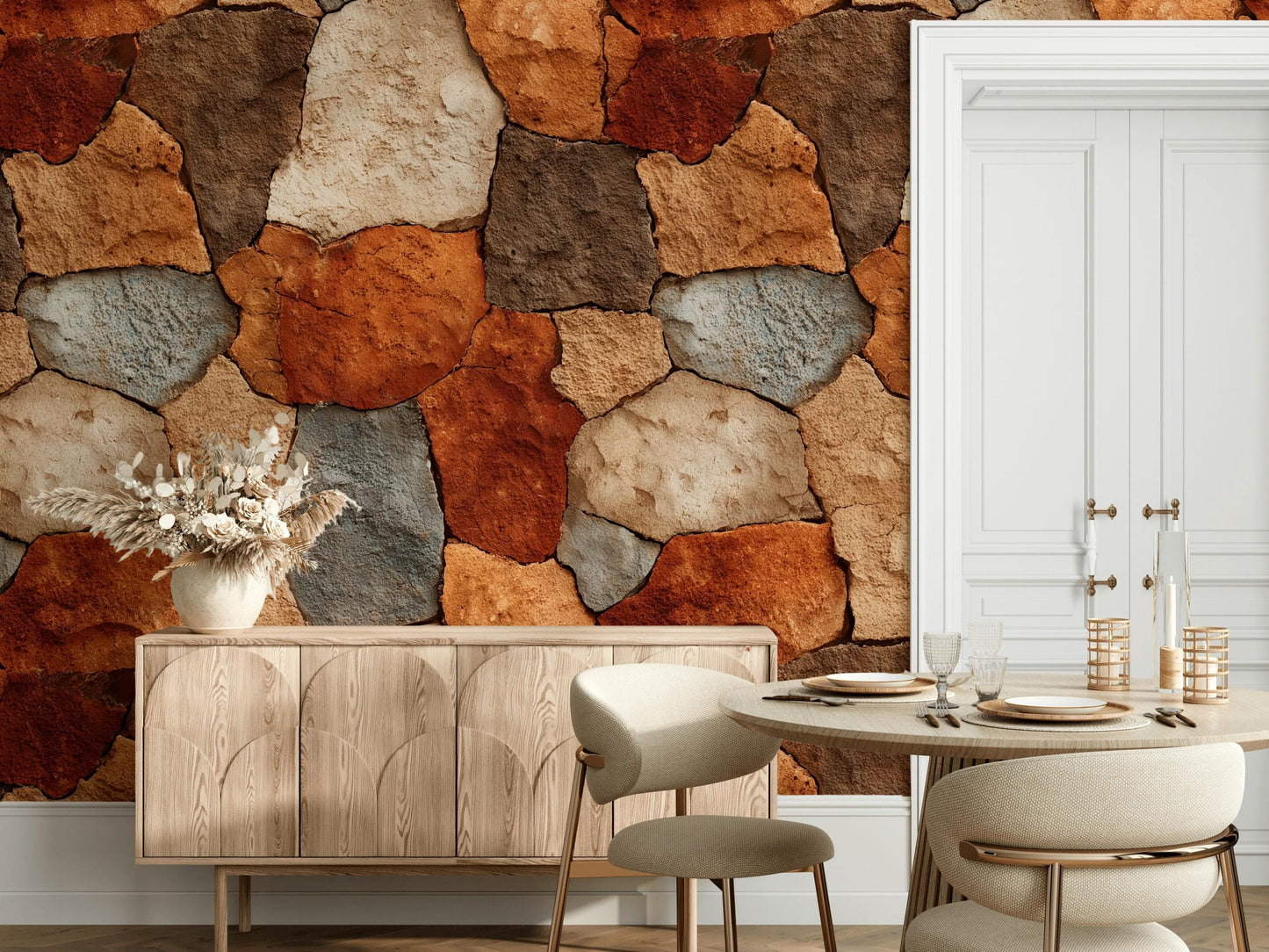 Rustic Stone Wall Wallpaper | Natural Stacked Rock Mural | Faux Stone Peel and Stick Decor