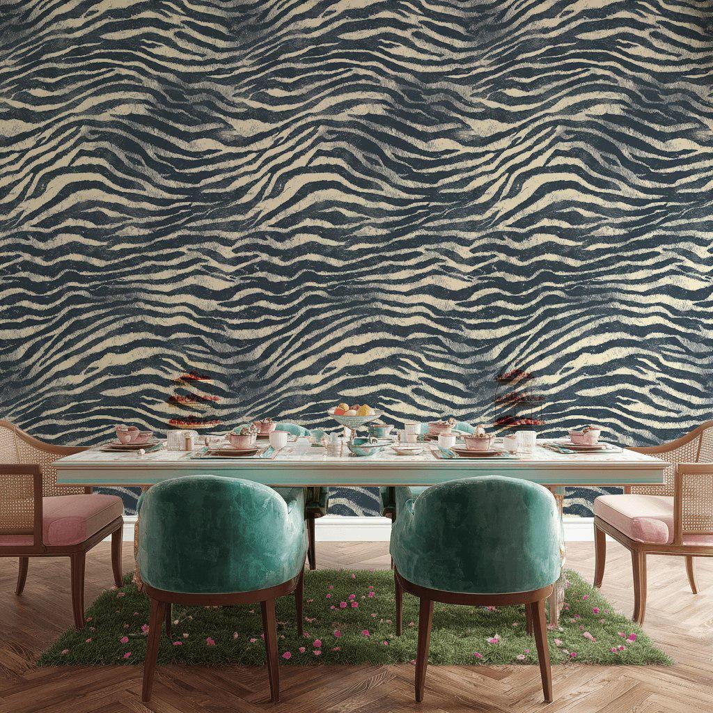 Navy Blue Zebra Print Wallpaper: Textured Peel and Stick Wall Mural
