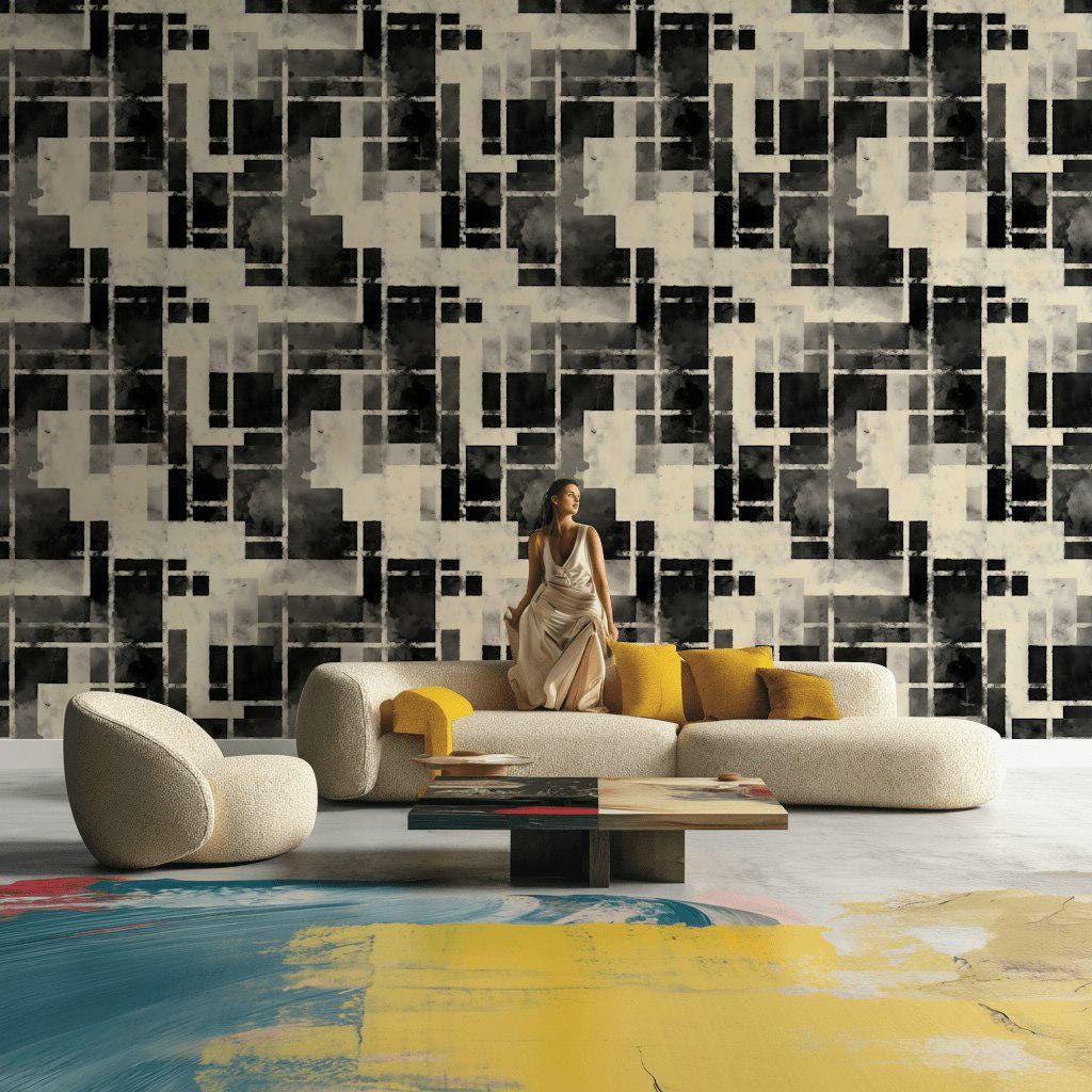 Monochrome Bauhaus Wallpaper: Abstract Watercolor Grid, Peel & Stick Mural