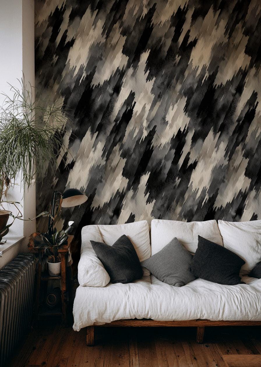 Abstract Diagonal Brushstroke Wallpaper, Black Gray Watercolor Peel & Stick or Unpasted Vertical Wall Mural