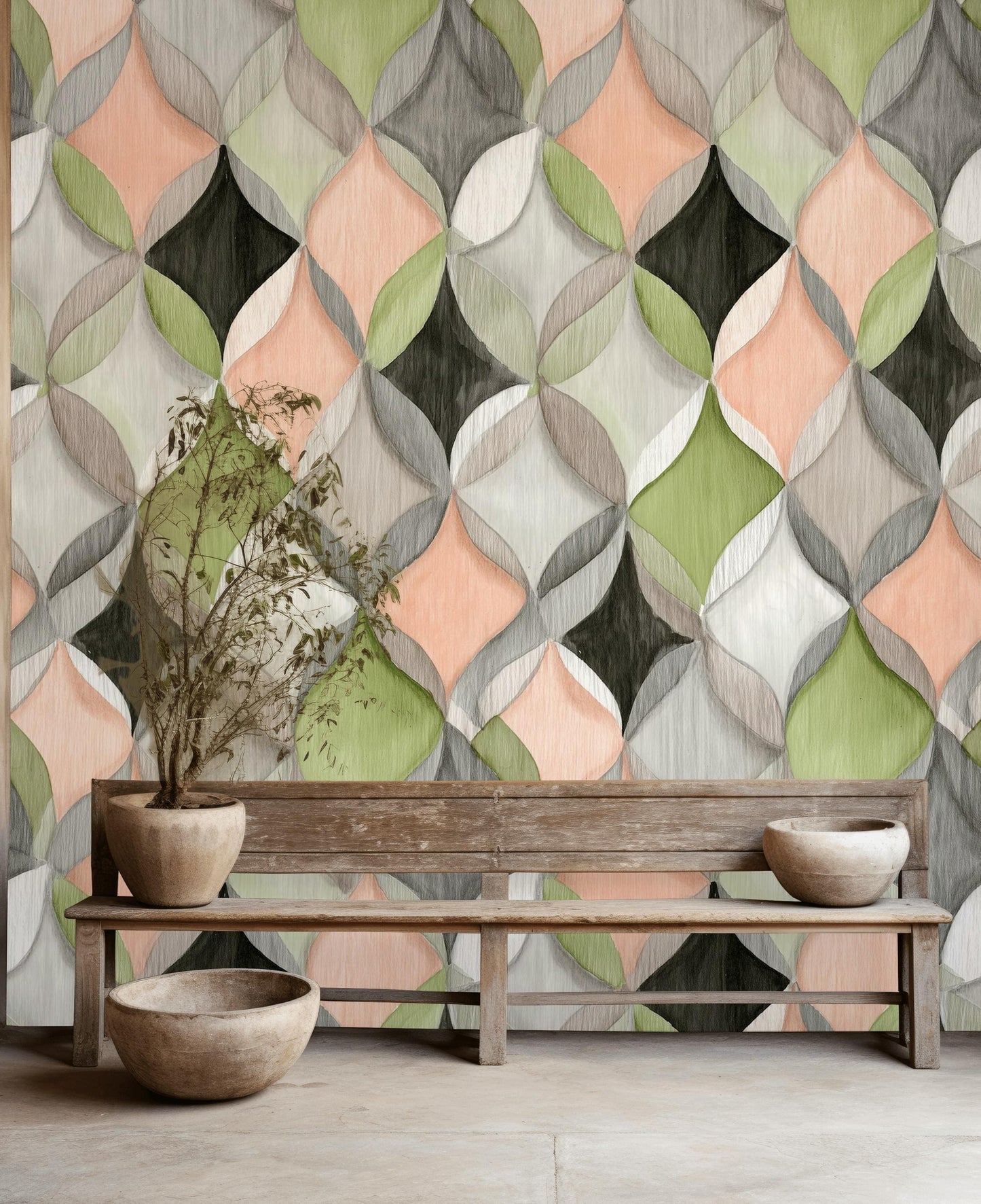 Abstract Geometric Ogee Wallpaper | Modern Interlocking Pattern Wall Mural | Pastel Peel and Stick Decor