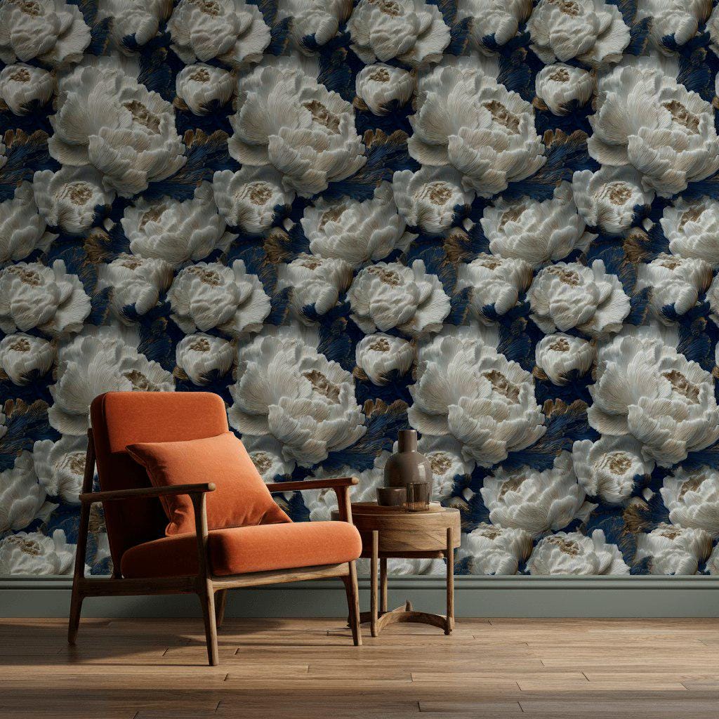 Textured Peony Flower Wallpaper: Navy Blue & Gold Glam Mural