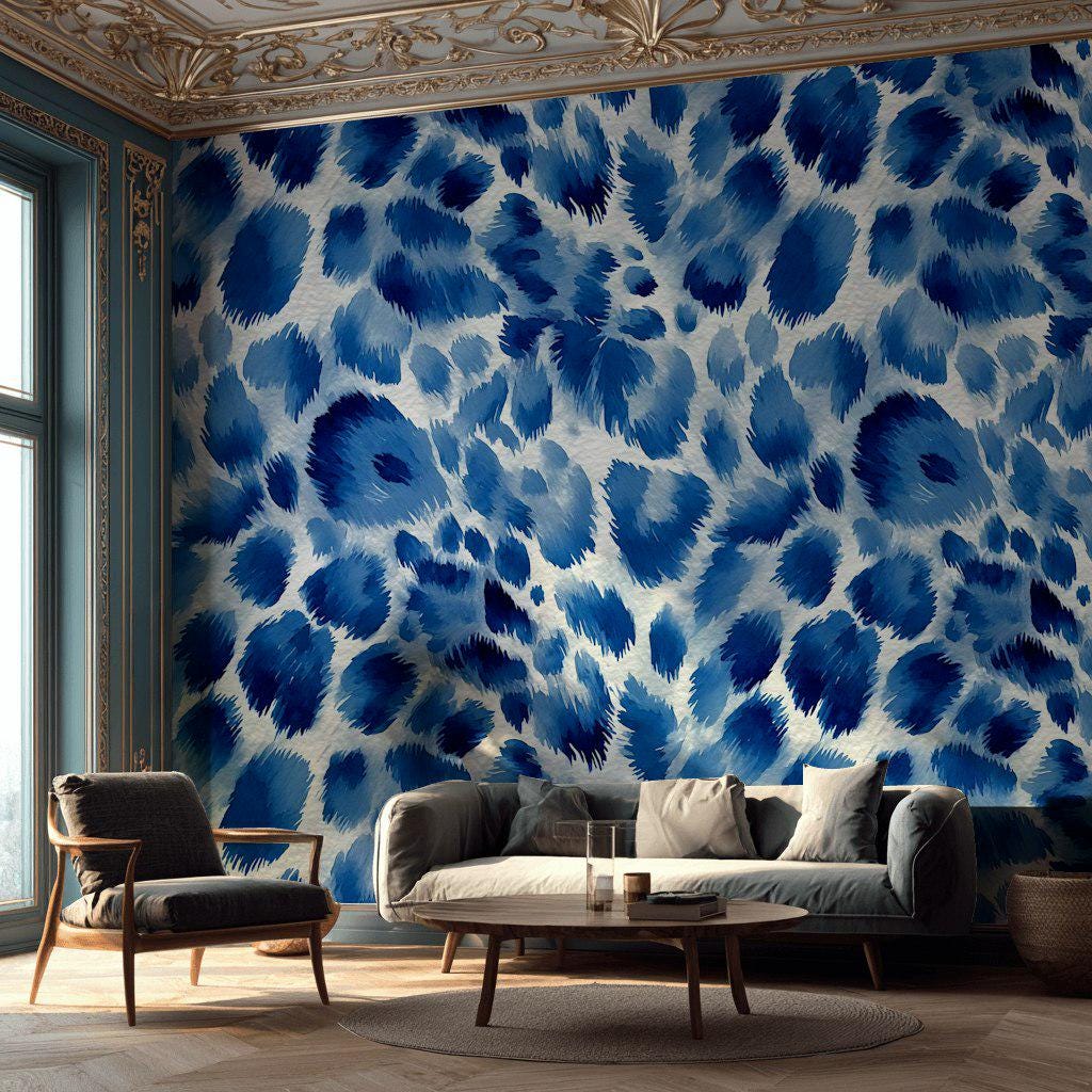 Bold Blue Animal Print Wallpaper, Watercolor Cheetah Wall Mural, Cobalt Peel and Stick Deco