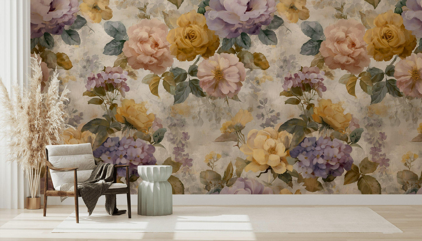 Vintage Floral Wallpaper: Pastel Rose & Peony Shabby Chic Peel and Stick Wall Mural