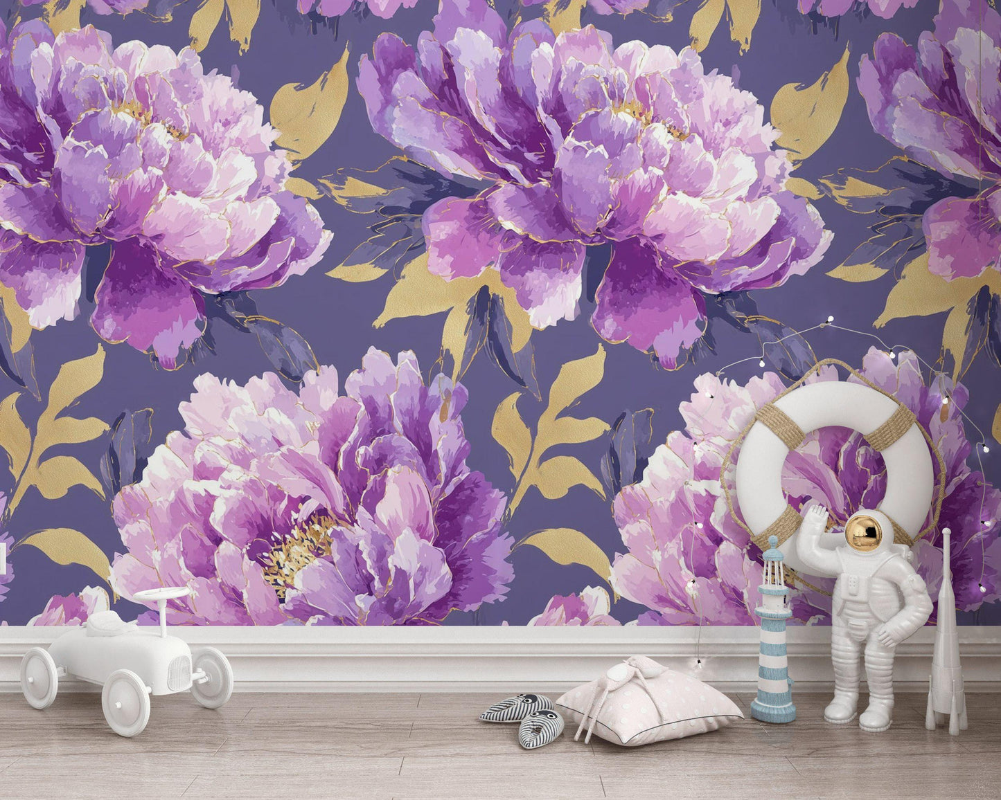Purple & Gold Peony Wallpaper: Glam Botanical Peel and Stick Mural