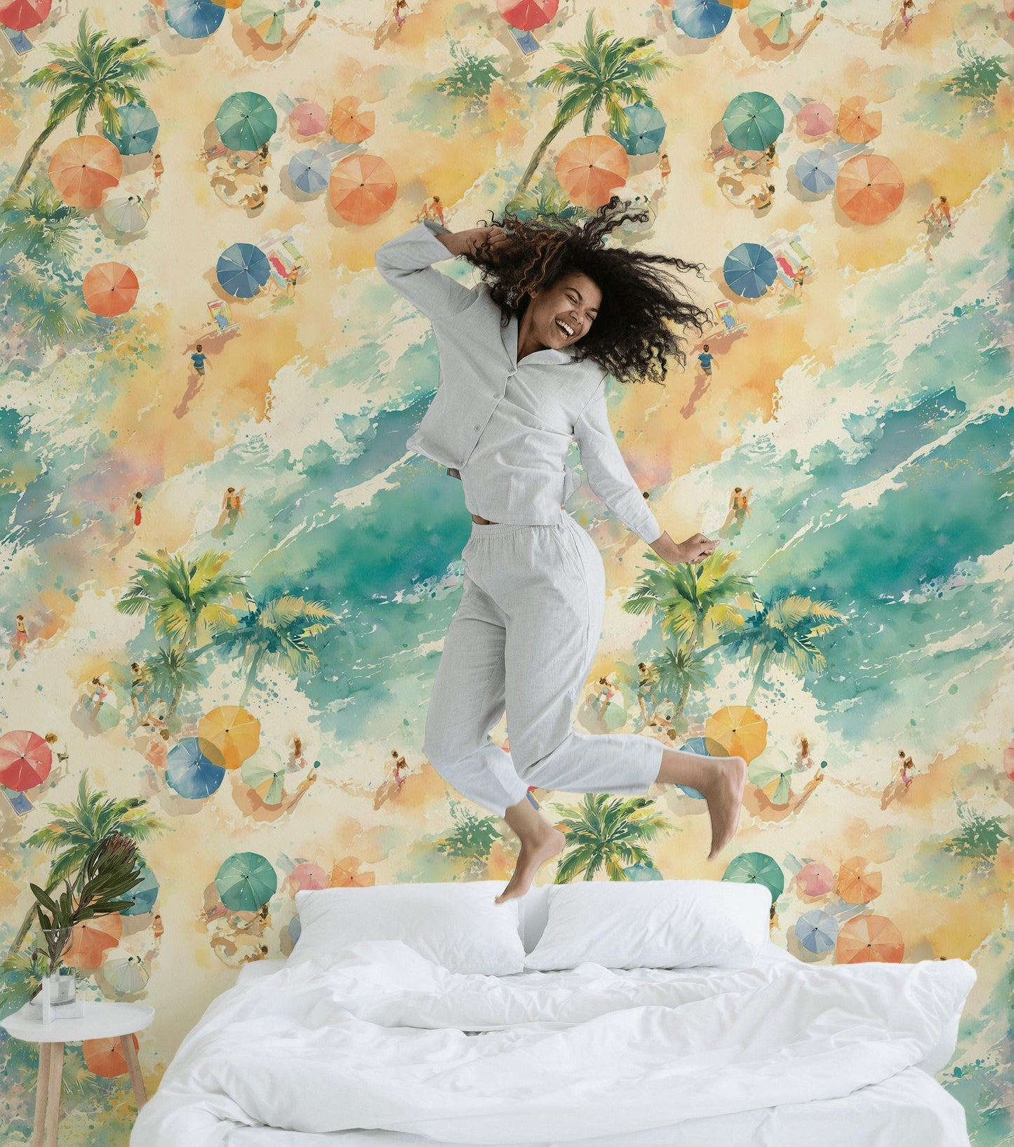 Aerial Beach Scene Wallpaper | Watercolor Coastal Wall Mural | Summer Peel and Stick Decor