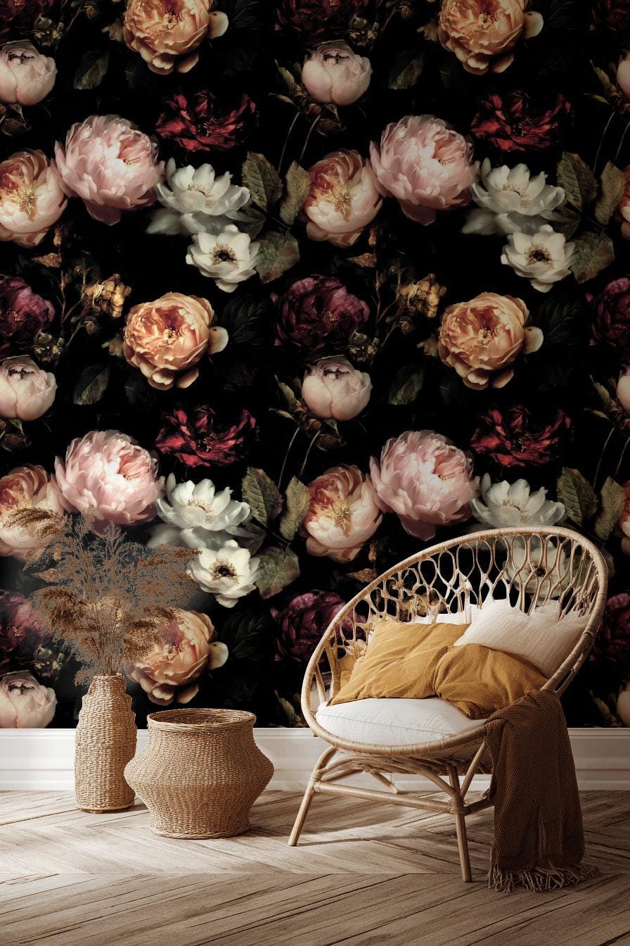 Dark Floral Wallpaper, Gothic Peony Rose Vertical Mural, Black Background Peel & Stick or Unpasted Panel