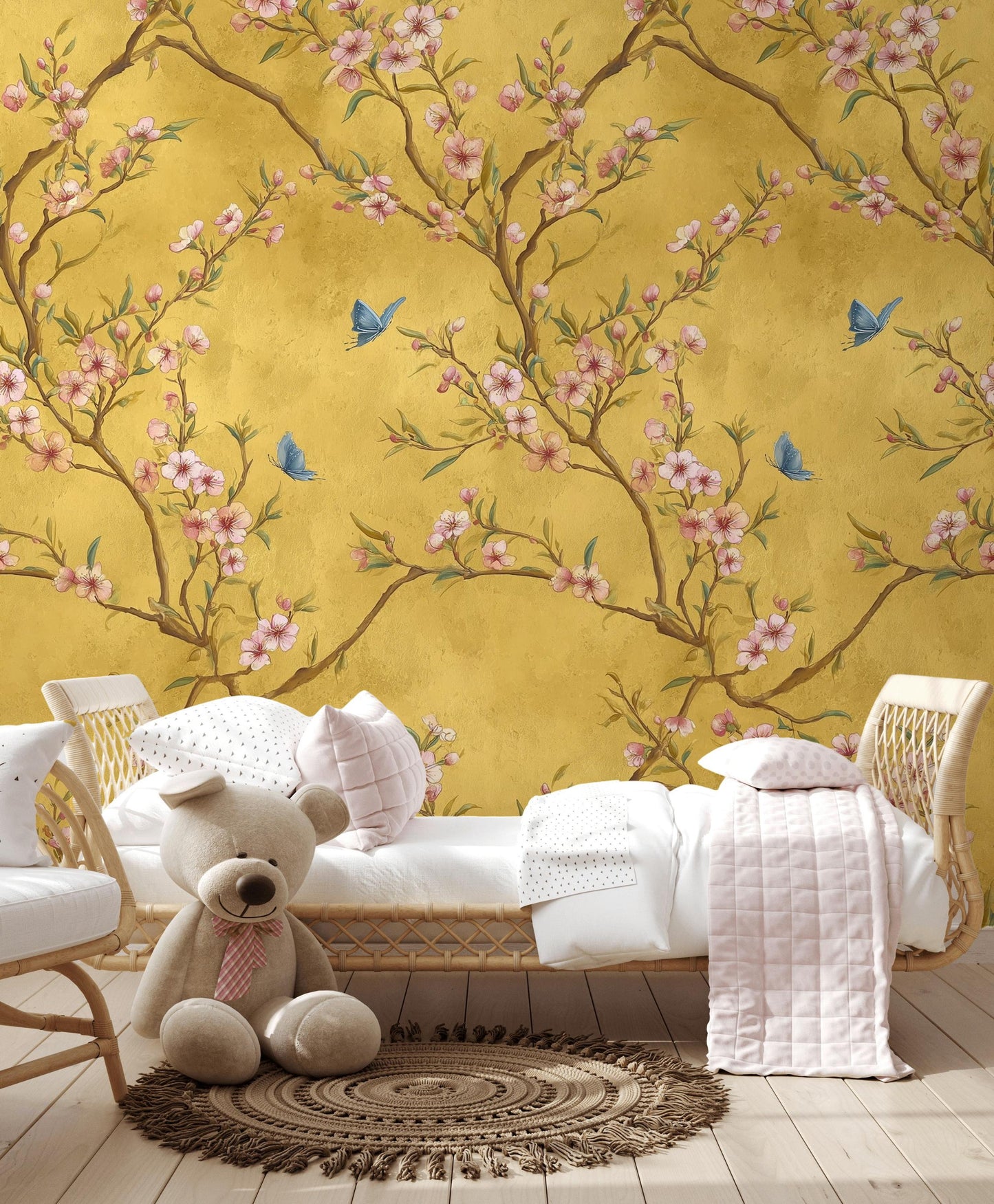 Chinoiserie Blossom Tree Wallpaper: Gold Butterfly Wall Mural, Peel & Stick