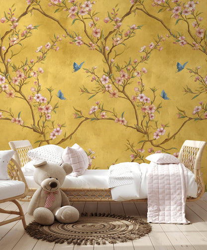 Chinoiserie Blossom Tree Wallpaper: Gold Butterfly Wall Mural, Peel & Stick