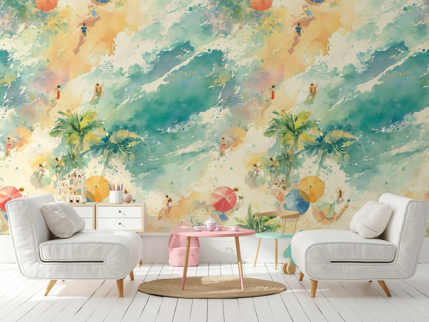 Aerial Beach Scene Wallpaper | Watercolor Coastal Wall Mural | Summer Peel and Stick Decor