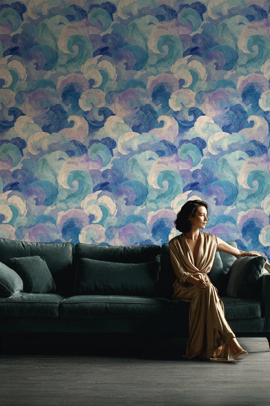 Blue Purple Wave Wallpaper Mural: Abstract Ocean Swirl (Peel & Stick or Unpasted)