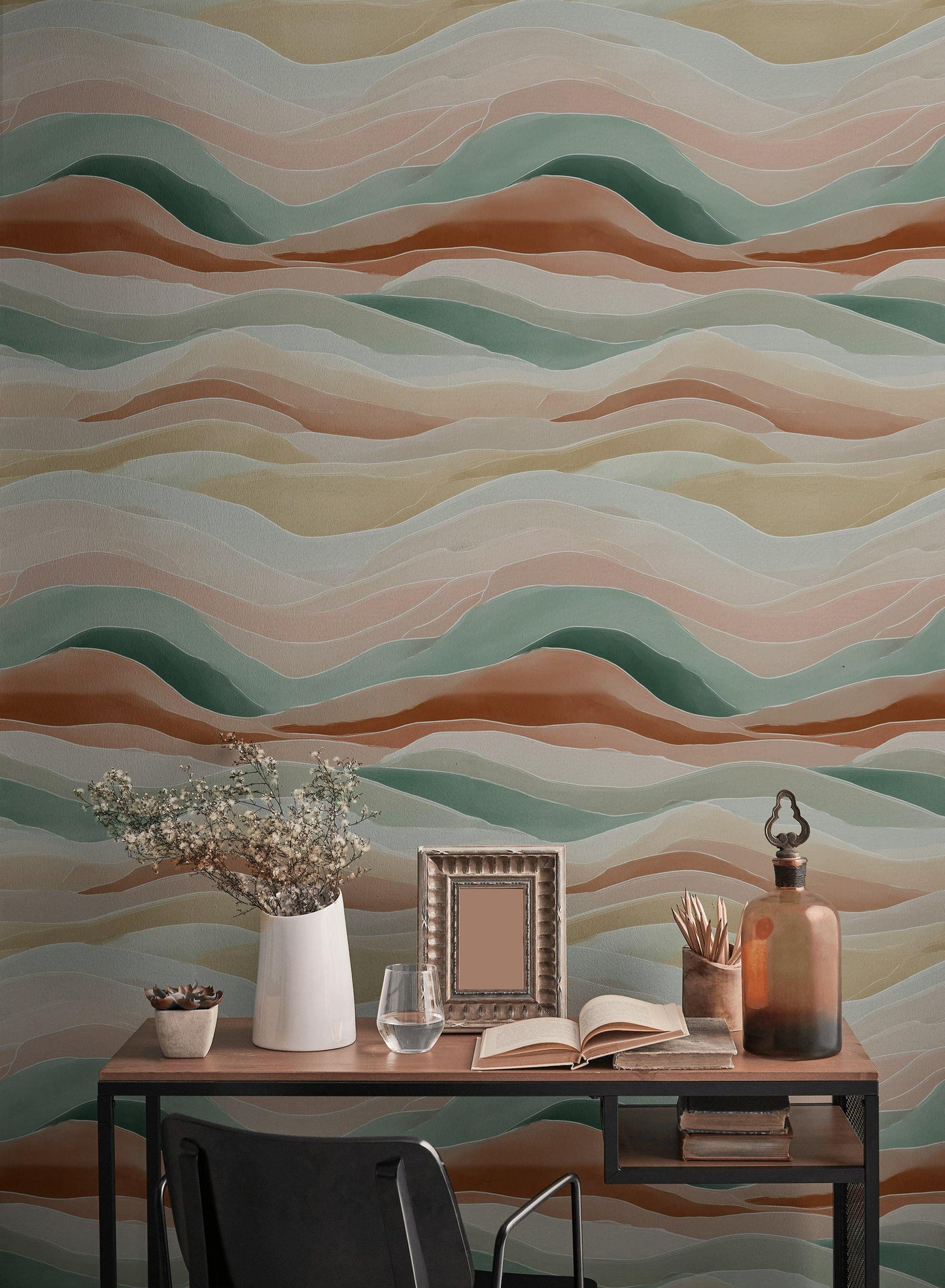 Pastel Abstract Waves Peel and Stick Wallpaper: Boho Minimalist Wall Mural