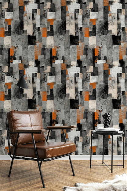 Geometric Block Wallpaper Mural: Orange, Grey, Black Peel and Stick Art