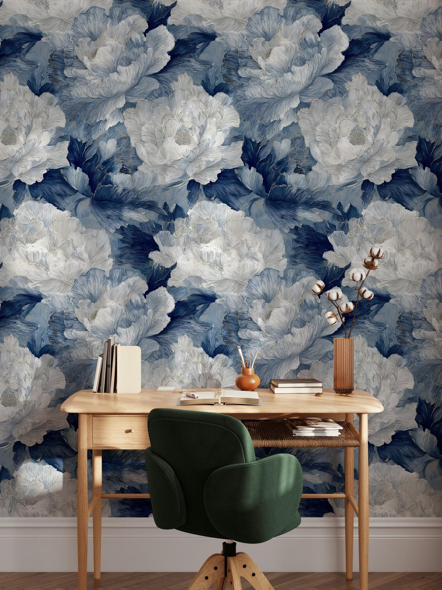 Textured Blue Floral Wallpaper, Modern Botanical Wall Mural, Peony Peel and Stick Decor