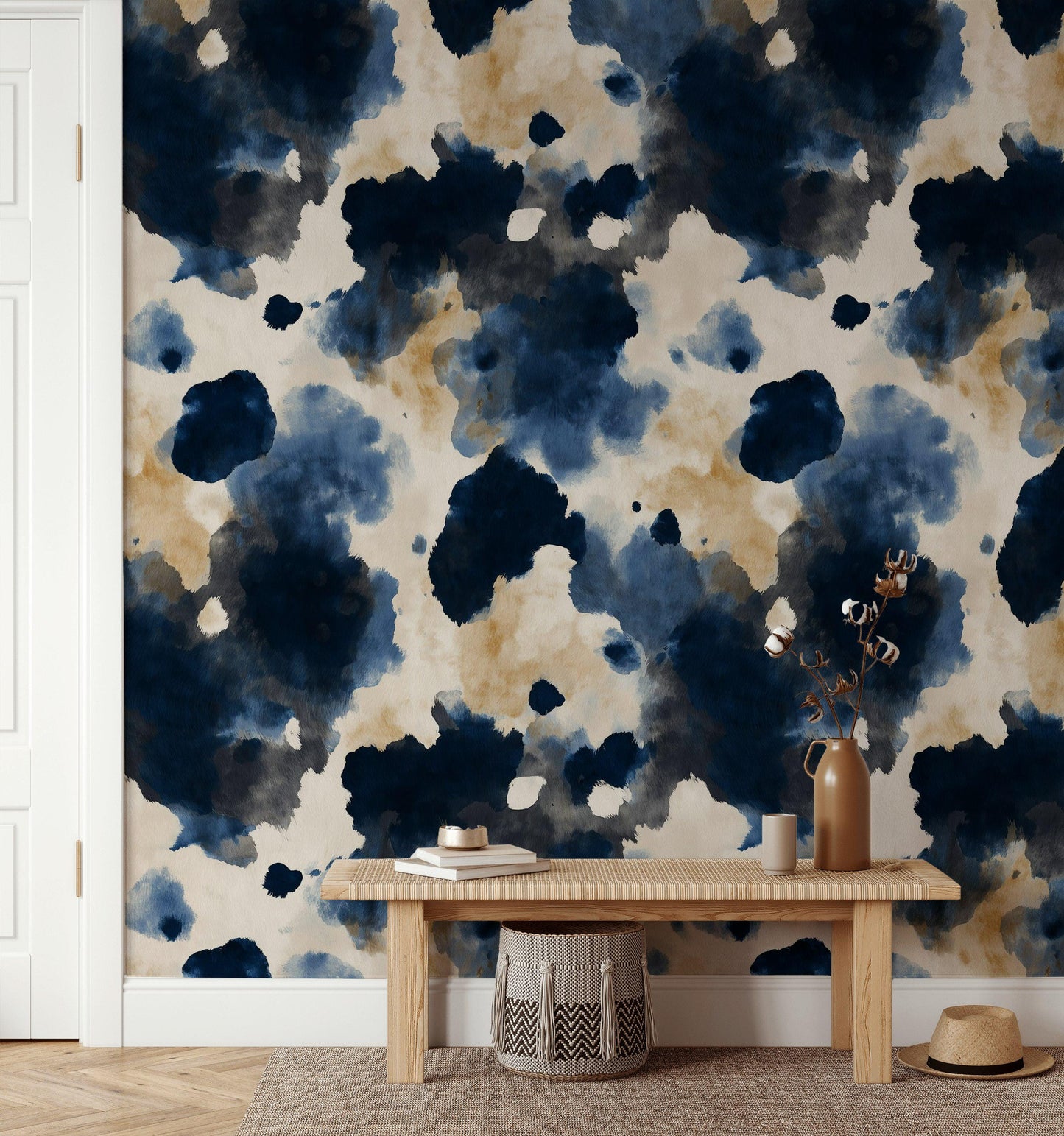 Abstract Cow Print Wallpaper Mural: Navy, Beige, Cream Peel and Stick