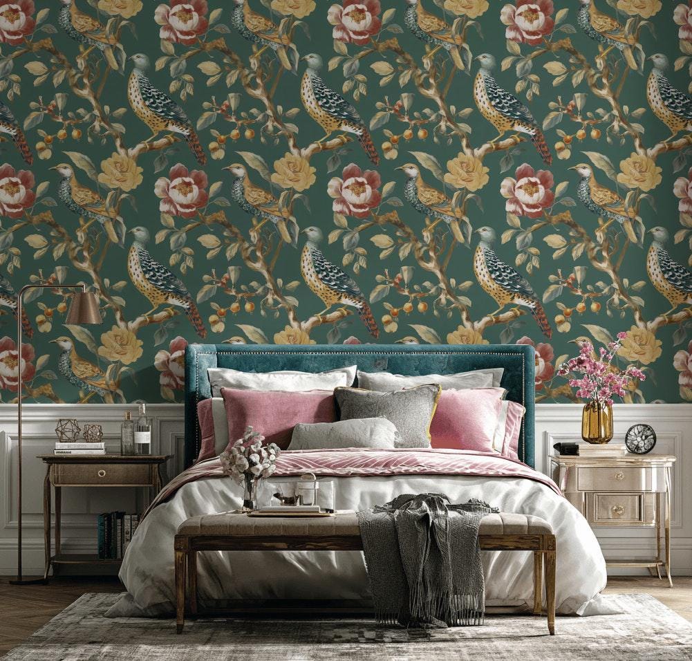 Chinoiserie Bird Wallpaper: Dark Green Floral Peel and Stick Mural