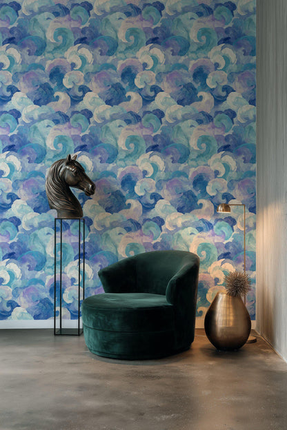 Blue Purple Wave Wallpaper Mural: Abstract Ocean Swirl (Peel & Stick or Unpasted)