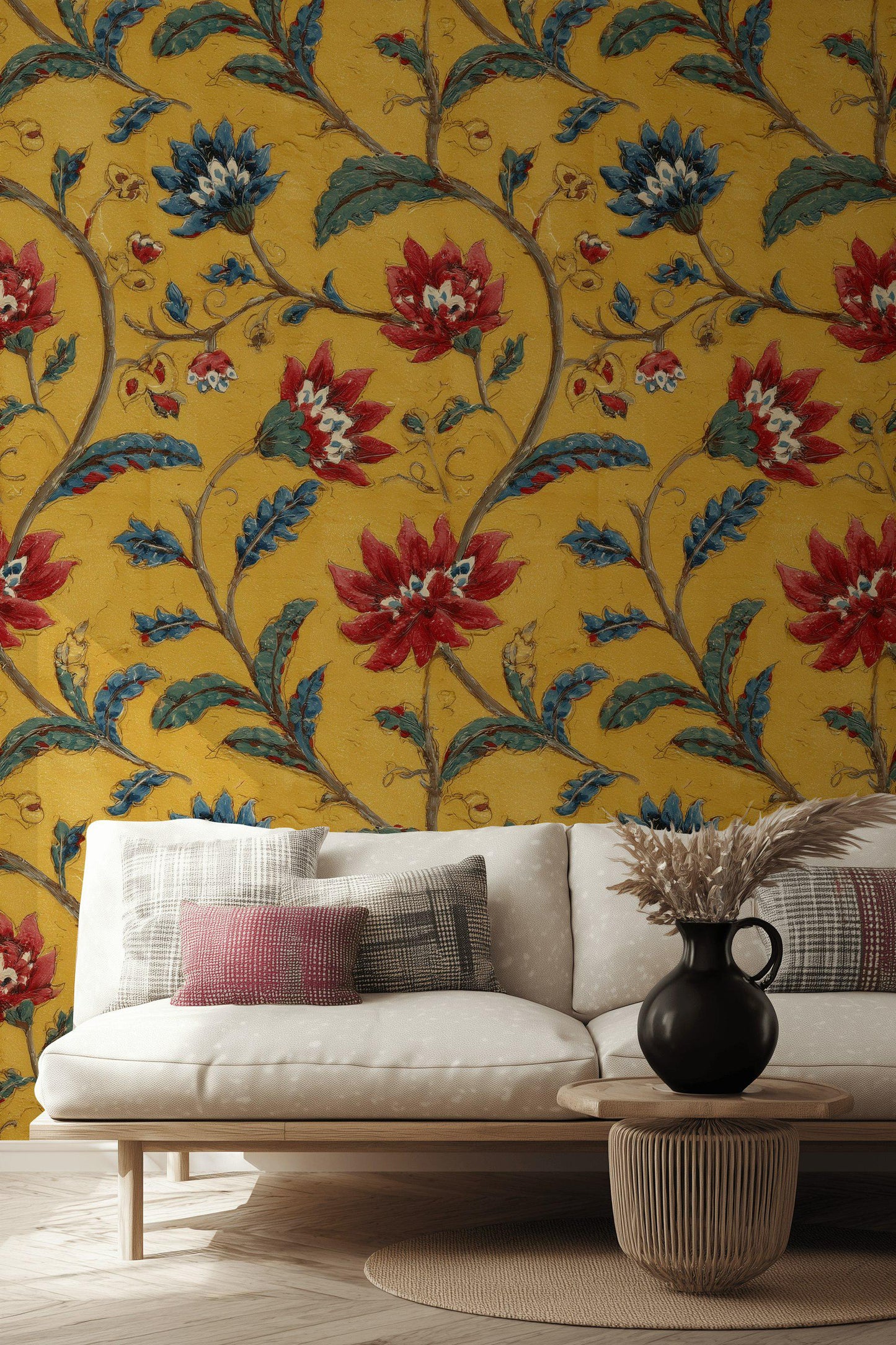 Vintage Floral Wallpaper Mural: Yellow, Red & Blue Botanical Peel and Stick