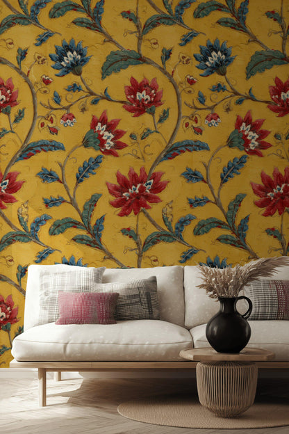 Vintage Floral Wallpaper Mural: Yellow, Red & Blue Botanical Peel and Stick