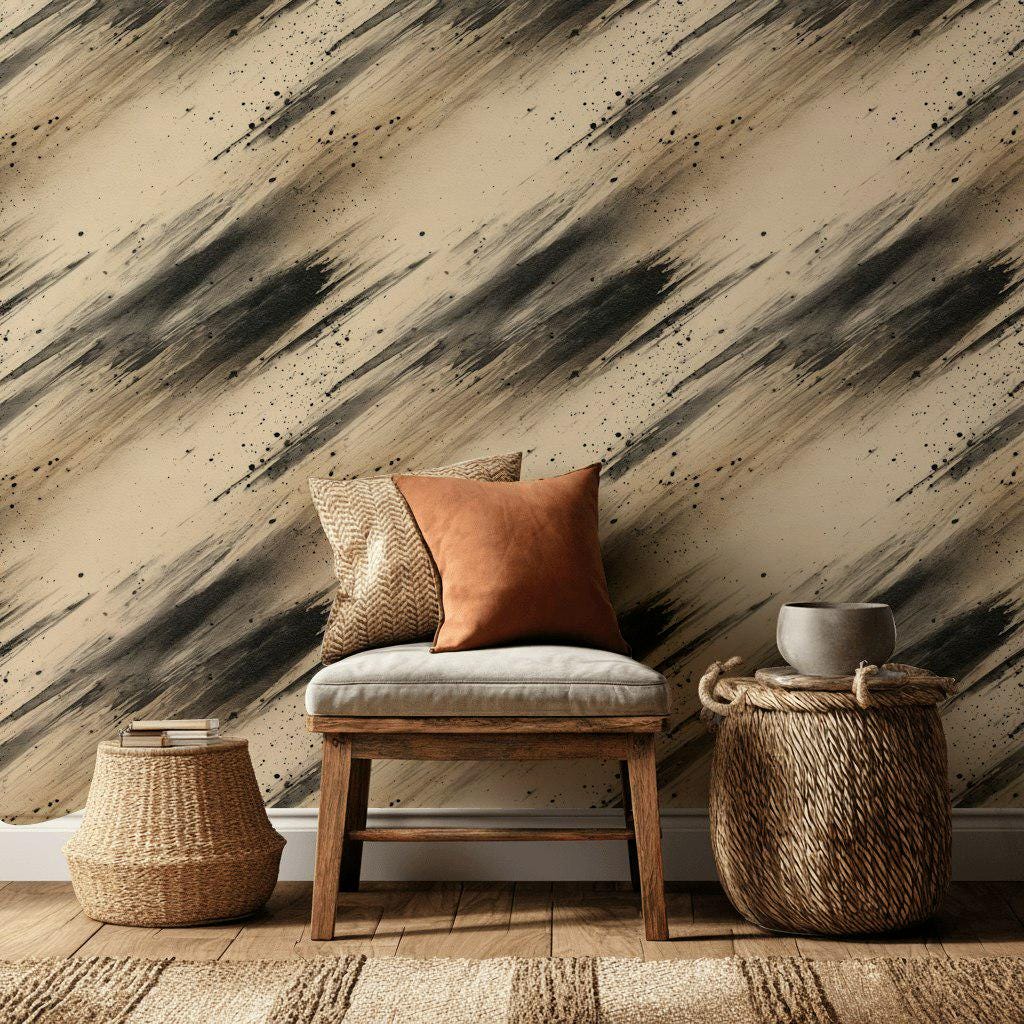 Abstract Ink Splatter Wallpaper: Black Beige Brushstrokes, Peel & Stick Mural