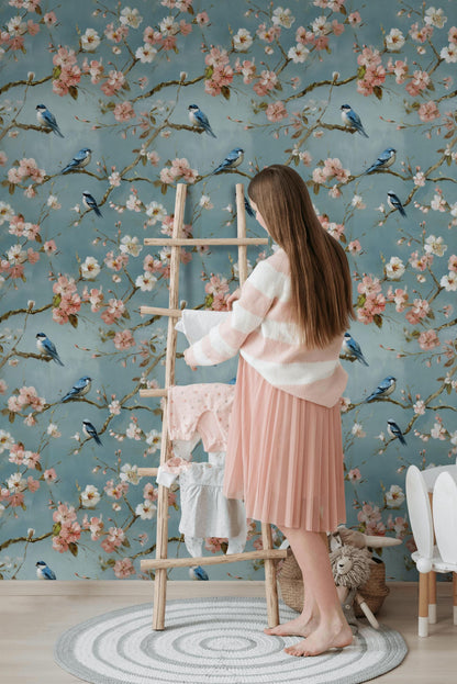 Cherry Blossom Wallpaper Mural: Peel and Stick Bird Wall Decor