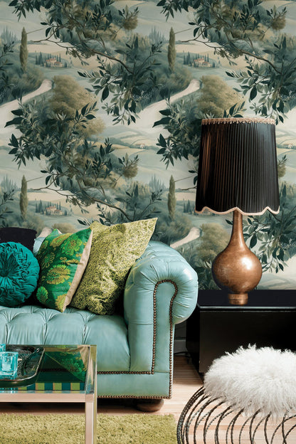 Tuscan Landscape Wallpaper | Olive Tree Wall Mural | Italian Countryside Peel and Stick Decor