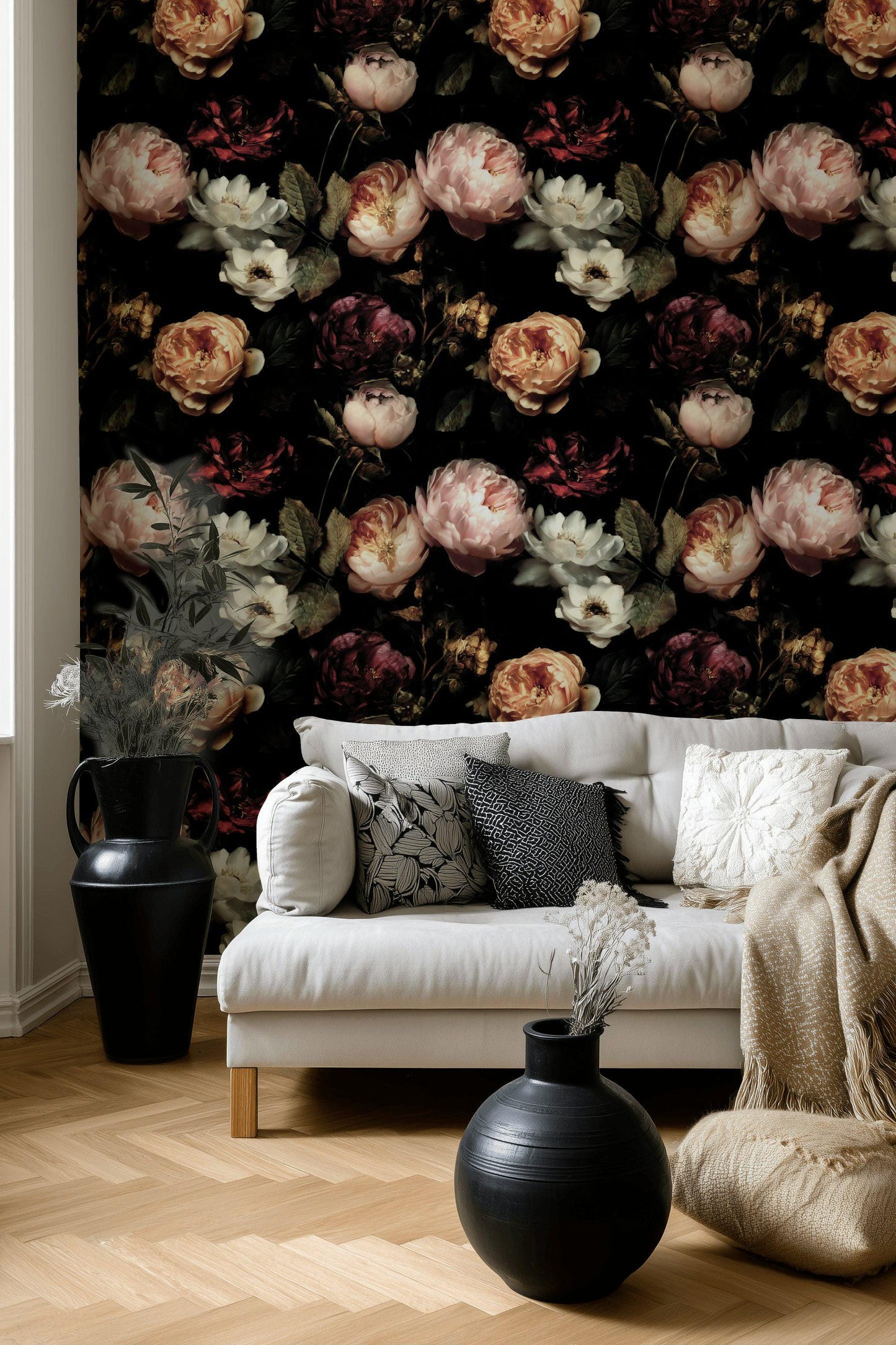Dark Floral Wallpaper, Gothic Peony Rose Vertical Mural, Black Background Peel & Stick or Unpasted Panel