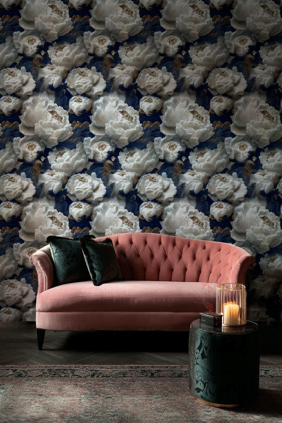 Textured Peony Flower Wallpaper: Navy Blue & Gold Glam Mural