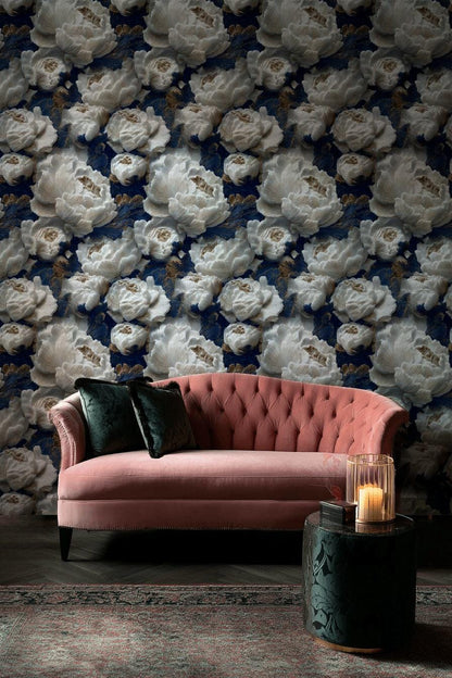 Textured Peony Flower Wallpaper: Navy Blue & Gold Glam Mural