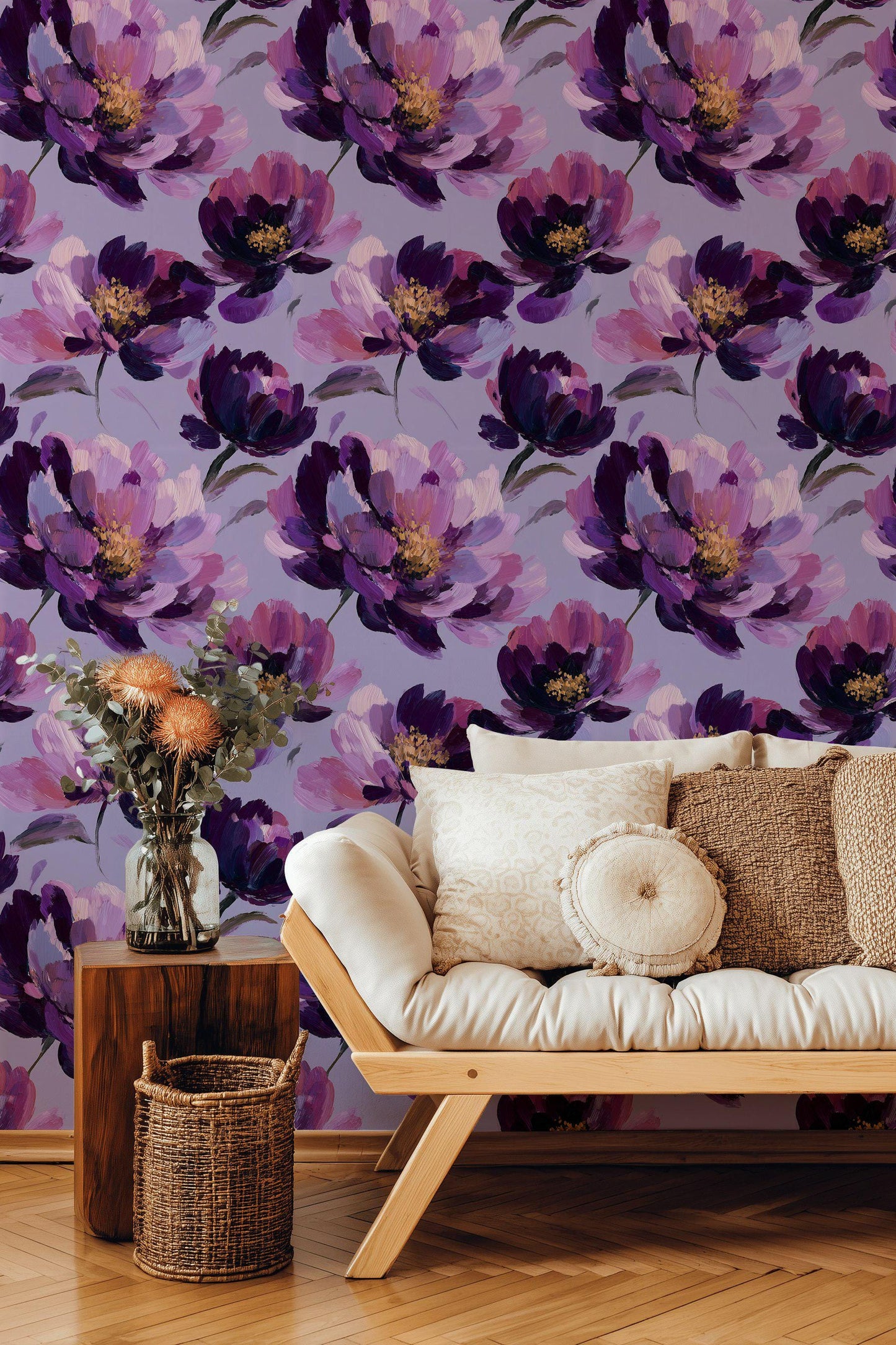Purple Floral Wallpaper, Abstract Oil Paint Wall Mural, Bold Magenta Peel and Stick Decor