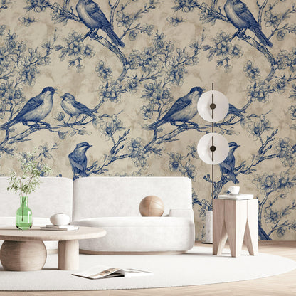 Chinoiserie Bird & Branch Wallpaper | Toile Style Wall Mural | Blue Botanical Peel and Stick Decor