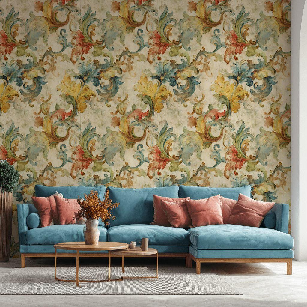 Baroque Scroll Wallpaper, Distressed Pastel Floral Mural, Peel & Stick or Unpasted Vintage Panel