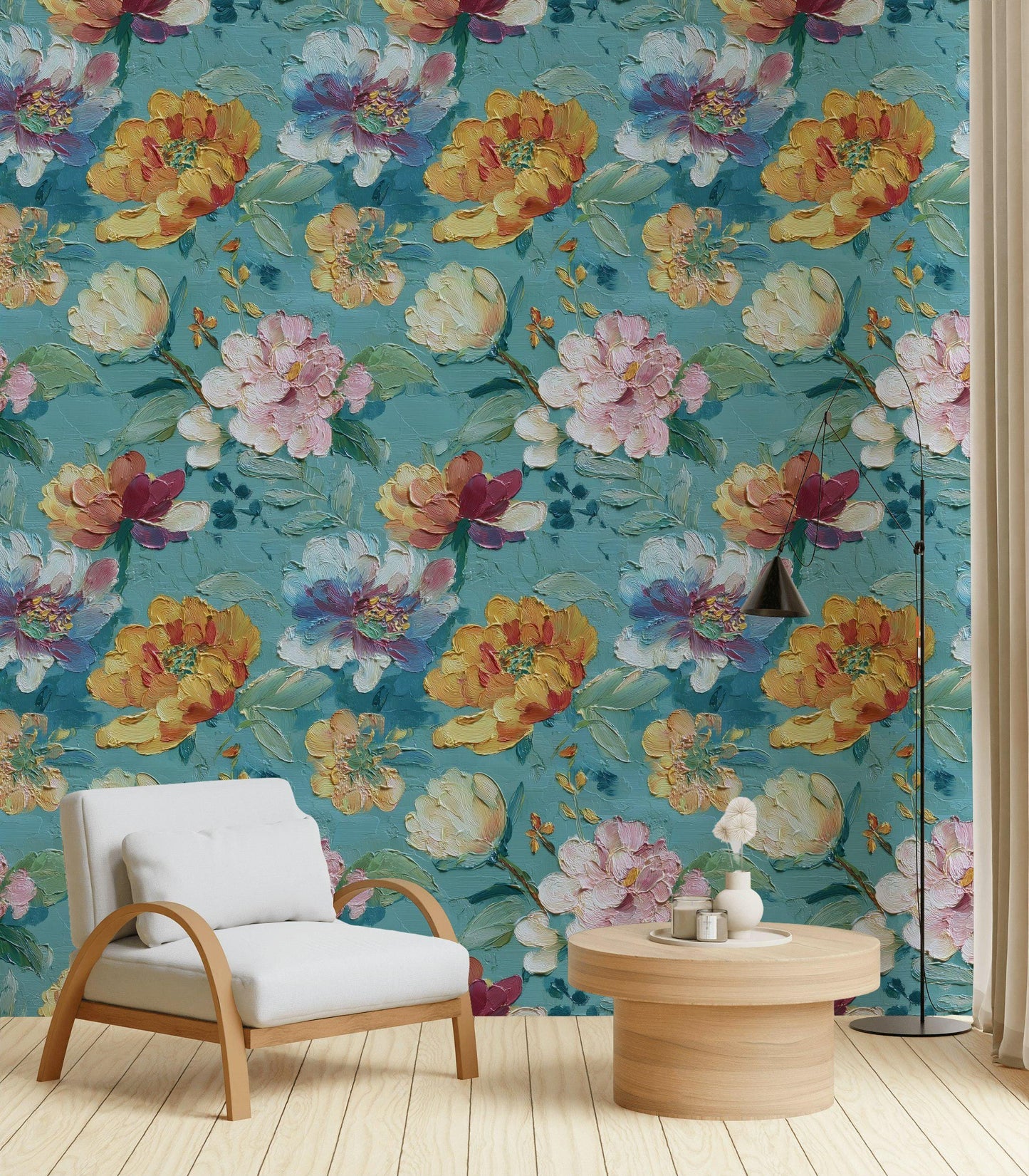 Textured Floral Wallpaper, Impasto Style Wall Mural, Turquoise and Pink Peel and Stick Art