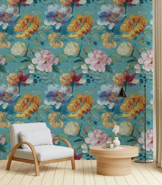 Textured Floral Wallpaper, Impasto Style Wall Mural, Turquoise and Pink Peel and Stick Art