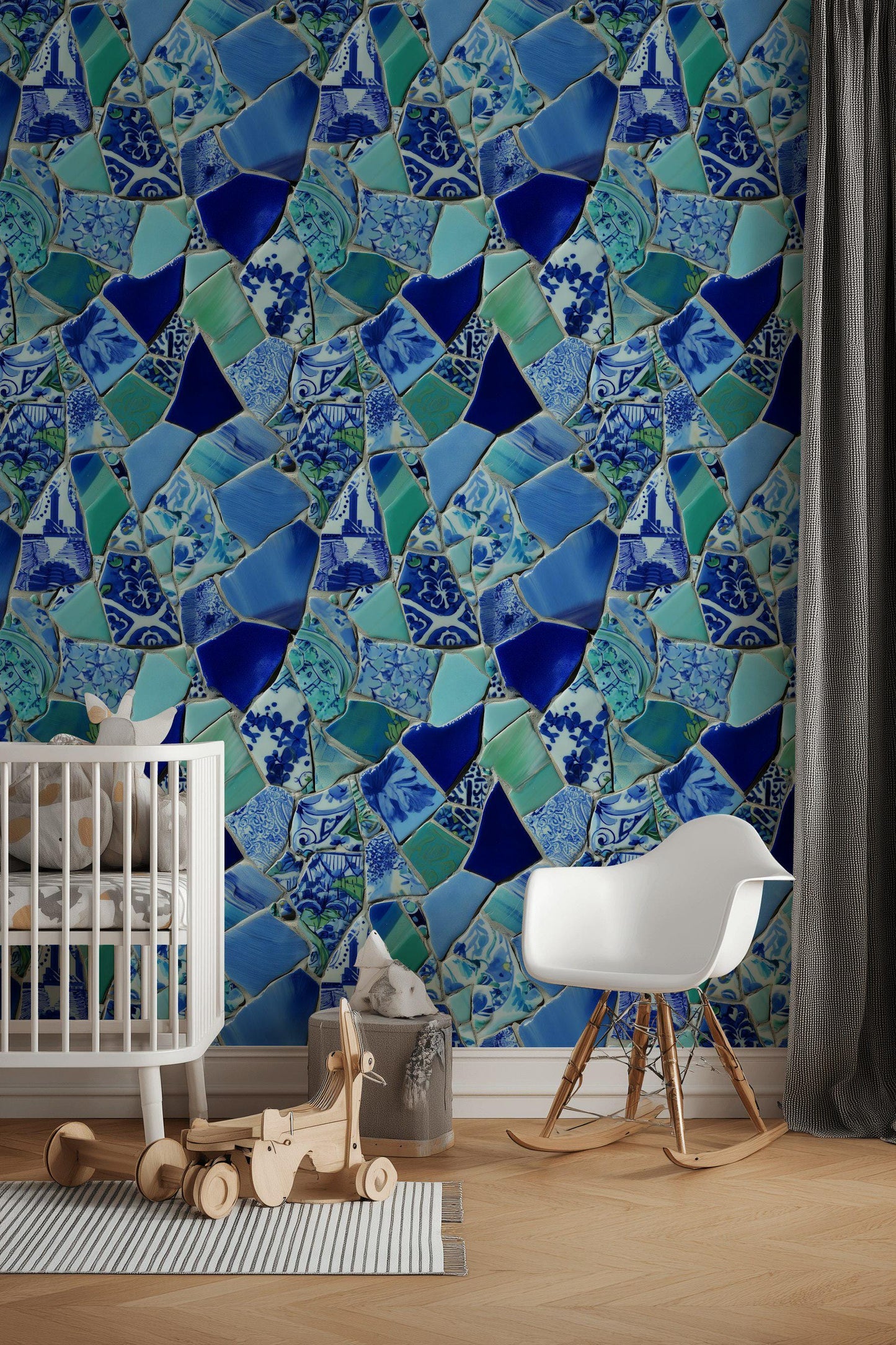 Blue Broken Ceramic Mosaic Wallpaper, Chinoiserie Porcelain Peel & Stick or Unpasted Vertical Wall Mural