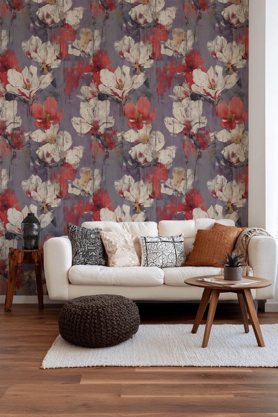 Abstract Floral Peel and Stick Wallpaper: Distressed Wood Texture Wall Mural