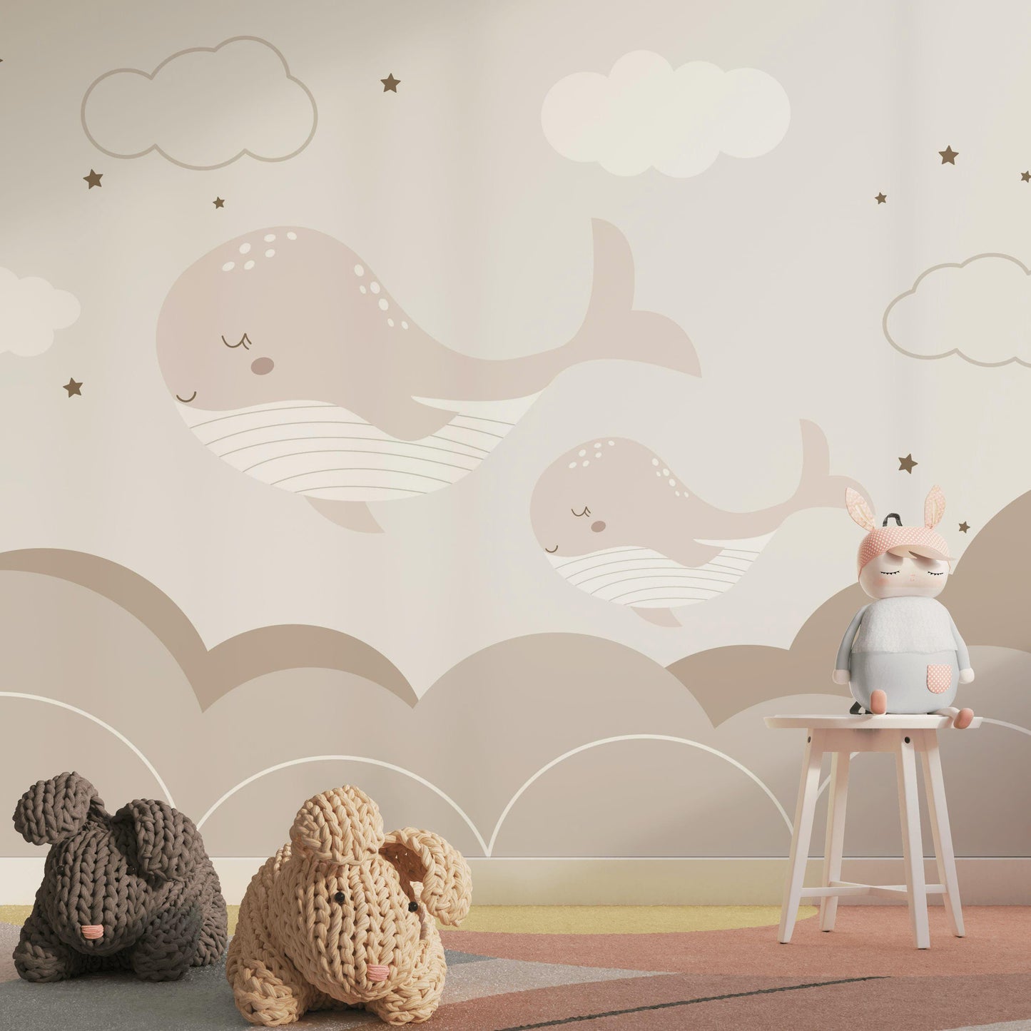 Boho Whale Nursery Wallpaper, Neutral Ocean Wall Mural, Minimalist Peel and Stick Baby Decor