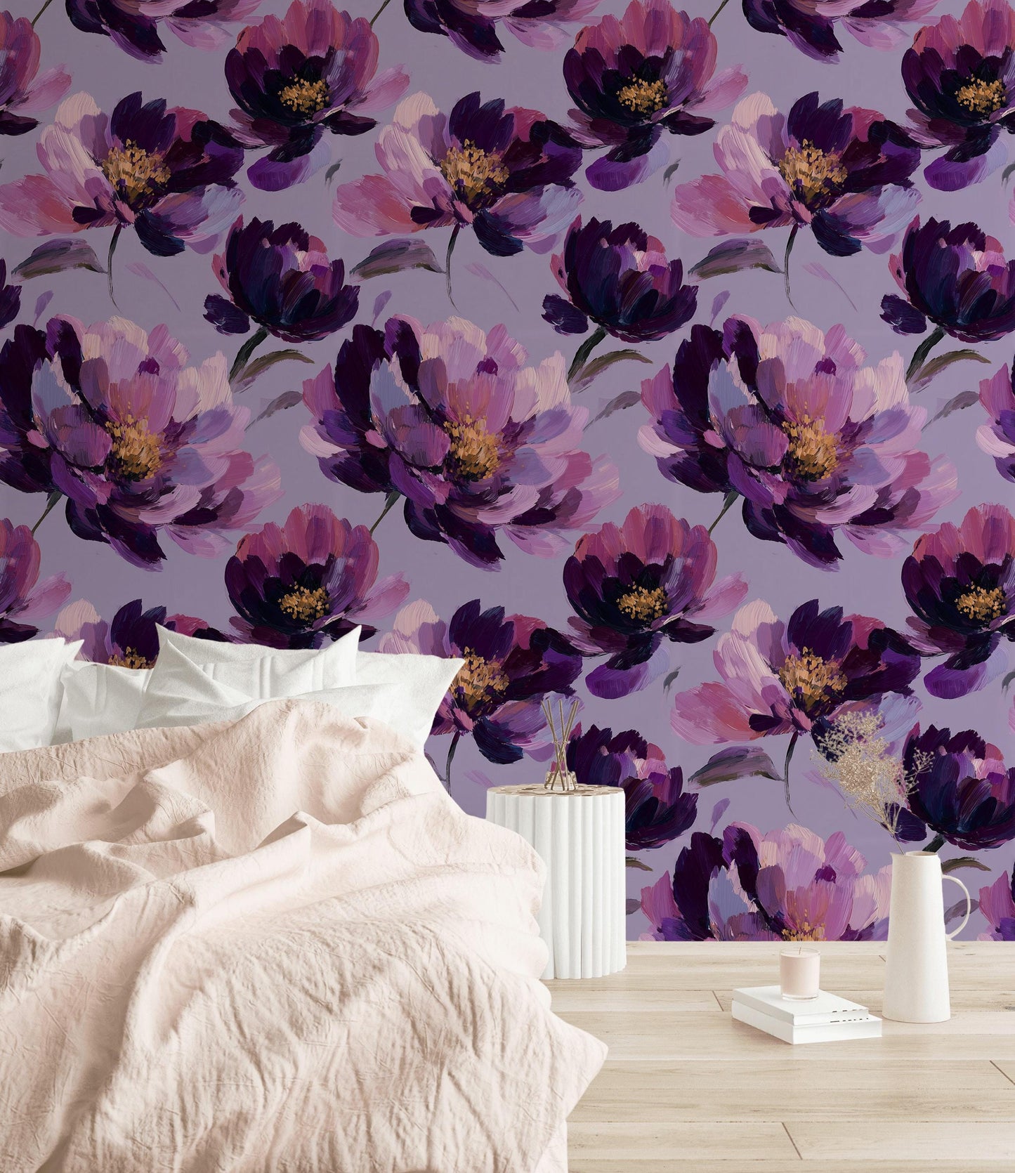 Purple Floral Wallpaper, Abstract Oil Paint Wall Mural, Bold Magenta Peel and Stick Decor